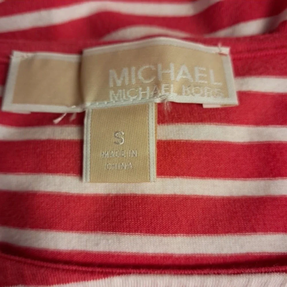 Michael Kors S Red White Striped Zipper Shoulder Drawstring Waist T-Shirt Dress